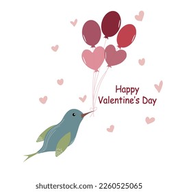 Cute bird with heart-shaped balloons. Funny birds in love. Cartoon characters. Vector illustration isolated on white, concept for Valentines day