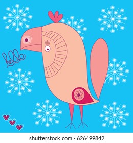 cute bird with hello description and hearts vector illustration