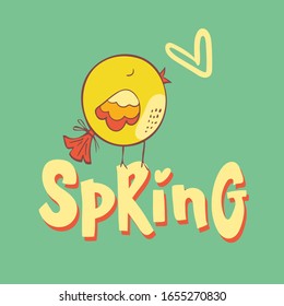 cute bird. Hello Spring. hand sketched logotype, badge typography icon. Vector colorful illustration. Can be used for decoration, invitation, greeting card, posters template