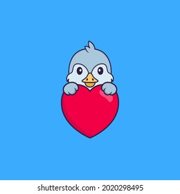 Un pájaro lindo sostiene un gran corazón rojo. El concepto de caricatura animal aislado. Puede usarse para camisetas, tarjetas de felicitación, tarjetas de invitación o mascota.
