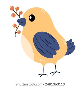 Cute bird holding branch with red autumn berries. Beautiful birdie standing with sprig of pretty plant. Colored flat vector illustration isolated on white background.