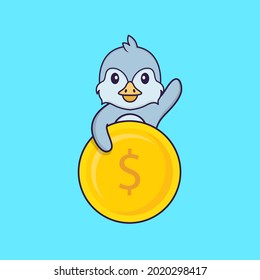 Cute bird holding coin. Animal cartoon concept isolated. Can used for t-shirt, greeting card, invitation card or mascot.