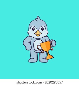 Cute bird holding gold trophy. Animal cartoon concept isolated. Can used for t-shirt, greeting card, invitation card or mascot.