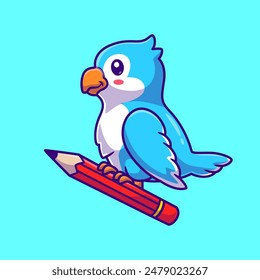 Cute Bird Holding Pencil Cartoon Vector Icon Illustration. Animal Education Icon Concept Isolated Premium Vector. Flat Cartoon Style