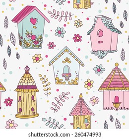 Cute Bird House Background - Seamless Pattern - In Vector