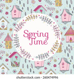 Cute Bird House Card - Spring Time - in vector