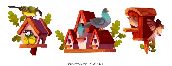 Cute bird house cartoon. Sparrow and pigeon home for garden isolated vector illustration set. Wooden birdhouse art for titmouse family. Oak leaves and wood animal nest element for outdoor in park.