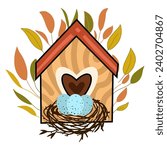 Cute bird house with Eggs in the bird nest. Illustration vector card.
