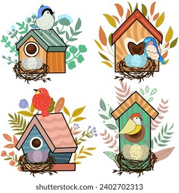 Cute bird house with Eggs in the bird nest. Illustration vector card.