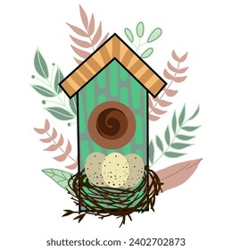 Cute bird house with Eggs in the bird nest. Illustration vector card.