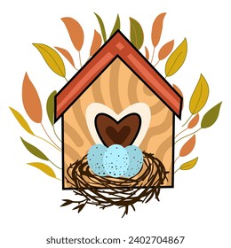Cute bird house with Eggs in the bird nest. Illustration vector card.