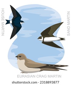 Cute Bird House Martin Swallow Set Cartoon Vector