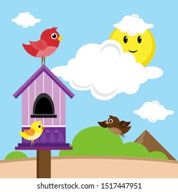 cute bird house, 
and red bird, blue background