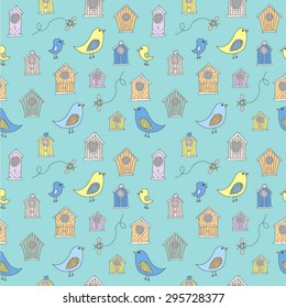 Cute bird houses and birds in a repeating, seamless pattern