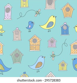 Cute bird houses and birds in a repeating, seamless pattern