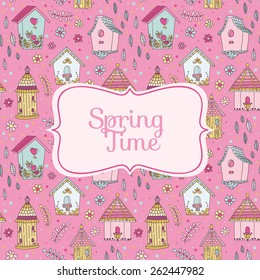 Cute Bird Houses Card - Spring Time - in vector