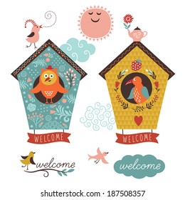 cute bird houses and welcome home lettering