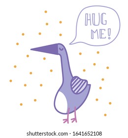 Cute bird. Hug me! Hand drawn children color illustration. Wrapping paper, background design. Children textile, t-shirt print. Decor elements. 