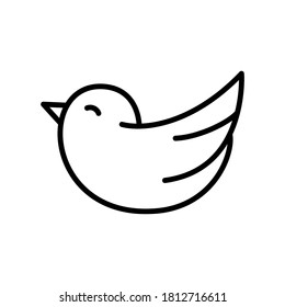 Cute bird icon. Linear cartoon logo of flying round little bird. Black simple illustration of positive animal, nature. Contour isolated vector, white background. Emblem for packaging design, pet shop