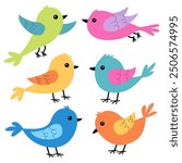 Cute bird icon set. Kawaii cartoon funny baby character. Different birds collection. Decoration element. Colorful sticker print. Childish style. Flat design. Isolated. White background. Vector