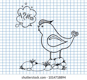 cute bird illustration drawing and speaking on copybook background. hand drawn vector illustration.