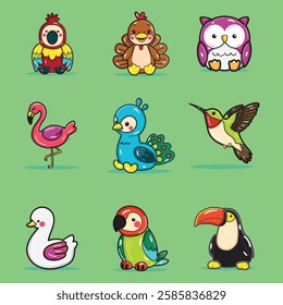 a cute bird illustration set for design elements, parrot, flamingo, owl, hummingbird, peacock, swan, toucan, turkey