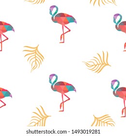 Cute bird and leaves seamless pattern on white background. Flamingo vector