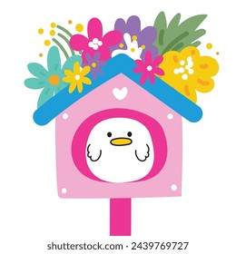 Cute bird line hand drawn style stay in birdhouse with flower on white background.Spring.Floral.Animal character cartoon design.Baby graphic.Kawaii.Vector.Illustration.