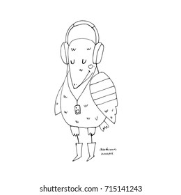 Cute bird listening music, black and white illustration