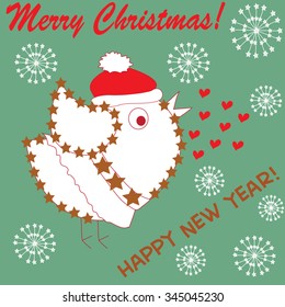 cute bird ln a santa claus cap with hearts and snowflakes vector illustration