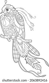 Un pájaro lindo con cola larga. Estilo Doodle, fondo blanco y negro. Un pájaro gracioso, coloreando páginas de libros. Ilustración dibujada a mano en estilo zentangle para niños y adultos, tatuaje.