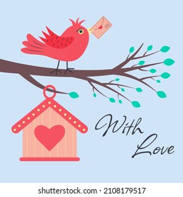 Cute bird with love letter. Post pigeon on the branch with a birdhouse. With love lettering. Valentine's day postcard.
