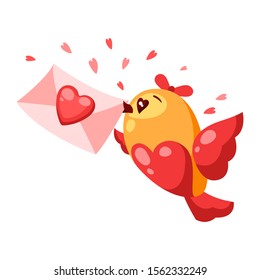 Cute bird in love with letter. Valentine Day greeting card. Illustration of kawaii character with eyes hearts.