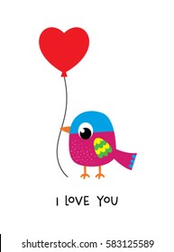 cute bird i love you greeting card with balloon