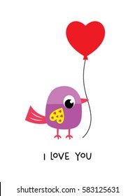 cute bird i love you greeting card with balloon