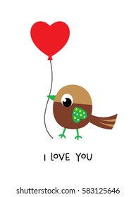 cute bird i love you greeting card with balloon