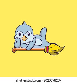 Cute bird lying on Magic Broom. Animal cartoon concept isolated. Can used for t-shirt, greeting card, invitation card or mascot.