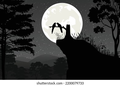 cute bird and moon silhouette landscape