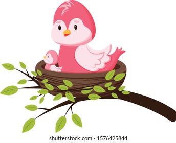 Cute bird in the nest with a chick. Spring greeting card in cartoon style. Greeting card template, prints for clothes, for newborns. Isolated on white background.