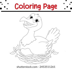 cute bird with nest coloring book page for kids.