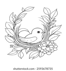 A cute Bird in a Nest with Flowers | Black and White Line Art Drawing on white background 