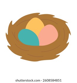 Cute bird nest with three colorful eggs. Hand-drawn spring and Easter season illustration.
