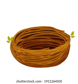 Cute bird nest from twigs in cartoon style isolated on white background. Empty natural basket, construction, single object, clipart. 