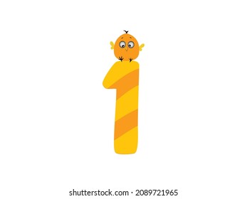 Cute Bird number 1 one orange funny cute birthday party sign isolated white background. Kids Colored Cartoon Number one.