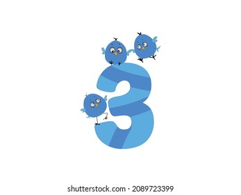 Cute Bird number 3 three blue funny cute birthday party sign isolated white background. Kids Colored Cartoon Number 3rd.