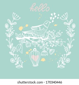 Cute bird on blossom branch with floral wreath. Bright illustration, can be used as creating card, invitation card for wedding,birthday and other holiday and cute summer background.