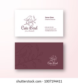 Cute Bird on a Branch. Abstract Fashion Vector Sign or Logo and Business Card Template. Premium Stationary Realistic Mock Up. Modern Typography and Soft Shadows. Isolated.
