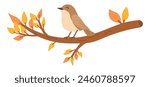 Cute bird on branch in flat design. Birdie sits on autumn leaves twig. Vector illustration isolated.