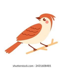 Cute bird on branch isolated on white background. Animal character vector illustration