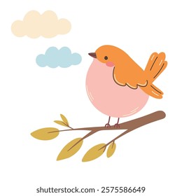 Cute bird on a branch with leaves. Hand drawn vector illustration.